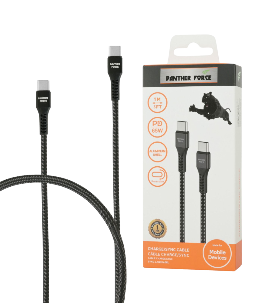 PF45- Panther Force 65W 1M Cable Type-C to Type-C - Extended Length for Convenient Charging and Syncing of Your Phone PF45- Panther Force 65W 1M Cable Type-C to Type-C - Extended Length for Convenient Charging and Syncing of Your Phone